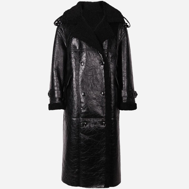 High-end shearling coat for winter, premium après-ski outerwear.