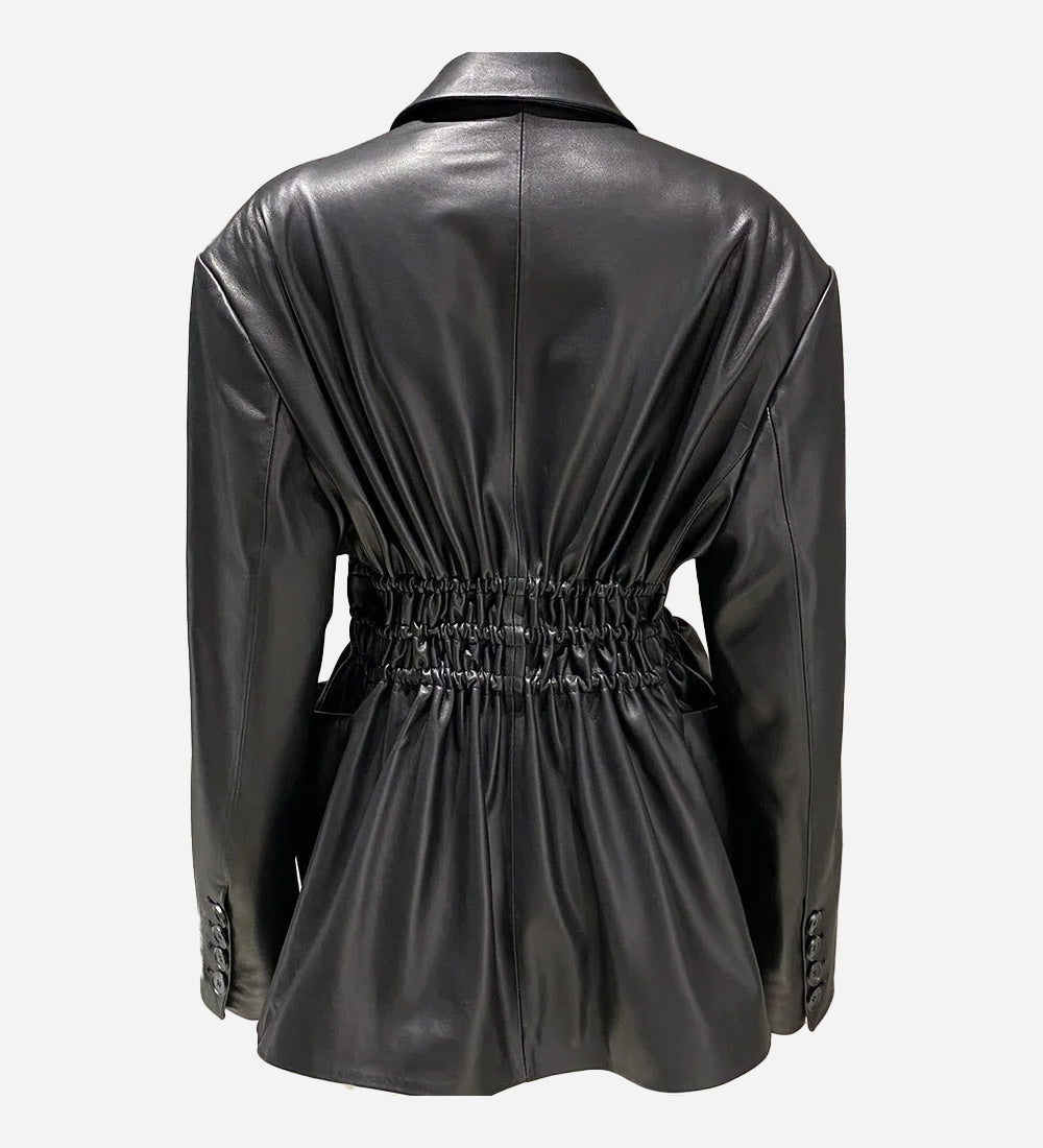 Pleated Waist Leather Jacket