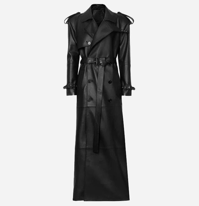 Classic long leather coat, high-end trench for winter fashion.