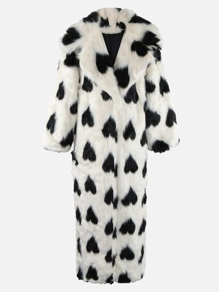 Heart Print Faux Fur Coat