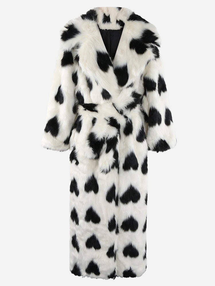 Heart Print Faux Fur Coat