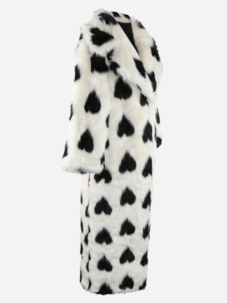 Heart Print Faux Fur Coat