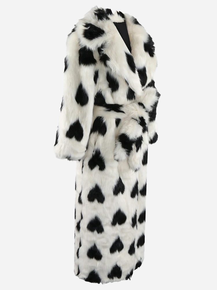 Heart Print Faux Fur Coat