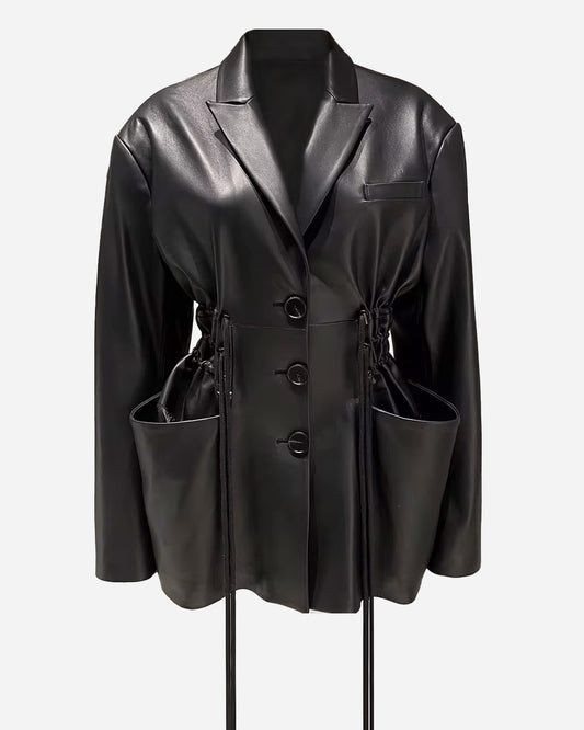 Pleated Waist Leather Jacket