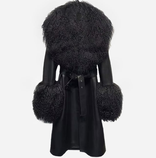 Mongolian Fur Collar Leather Coat