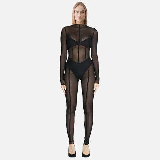 Mesh Long Sleeve Black Zip Up Jumpsuit